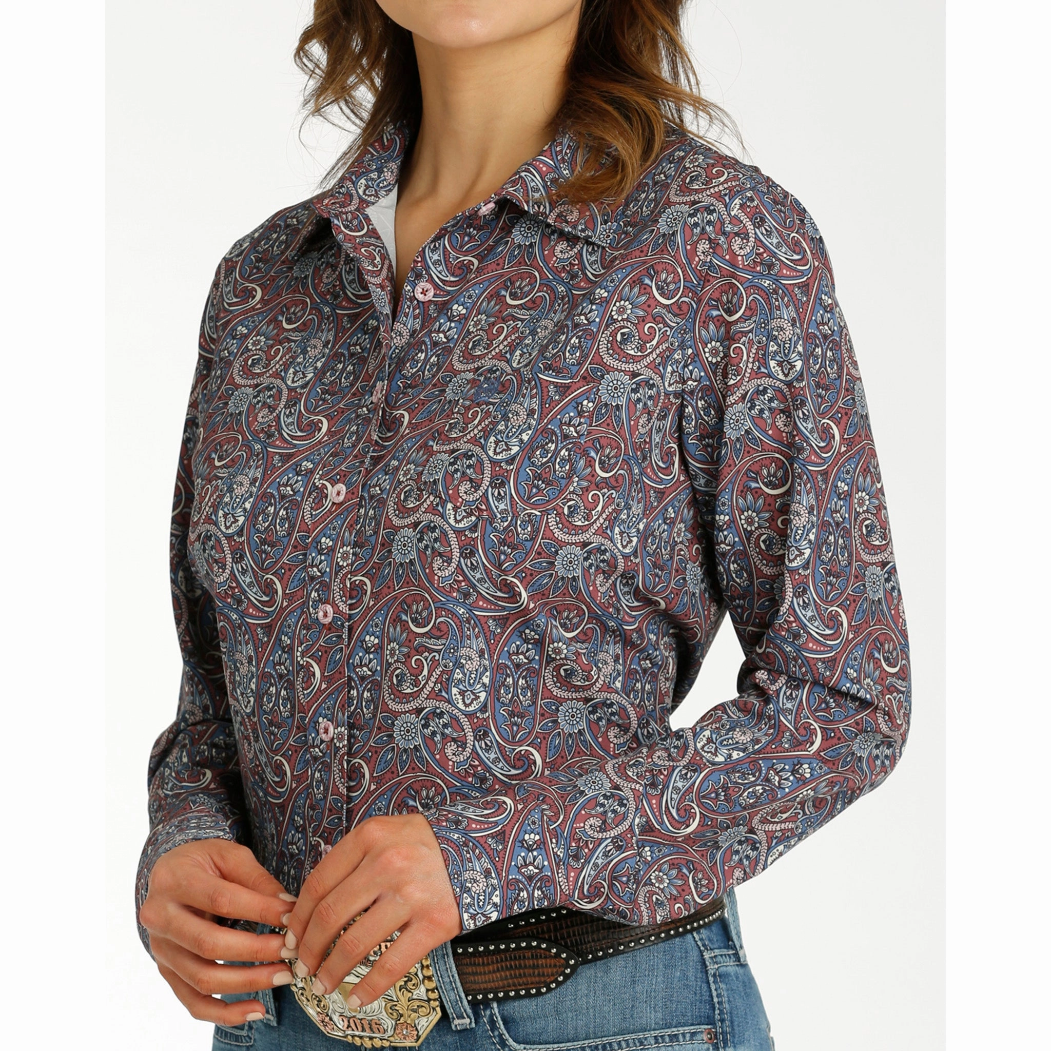 FlexibleCollarStructure Cinch Women's Paisley Burgundy Long Sleeve