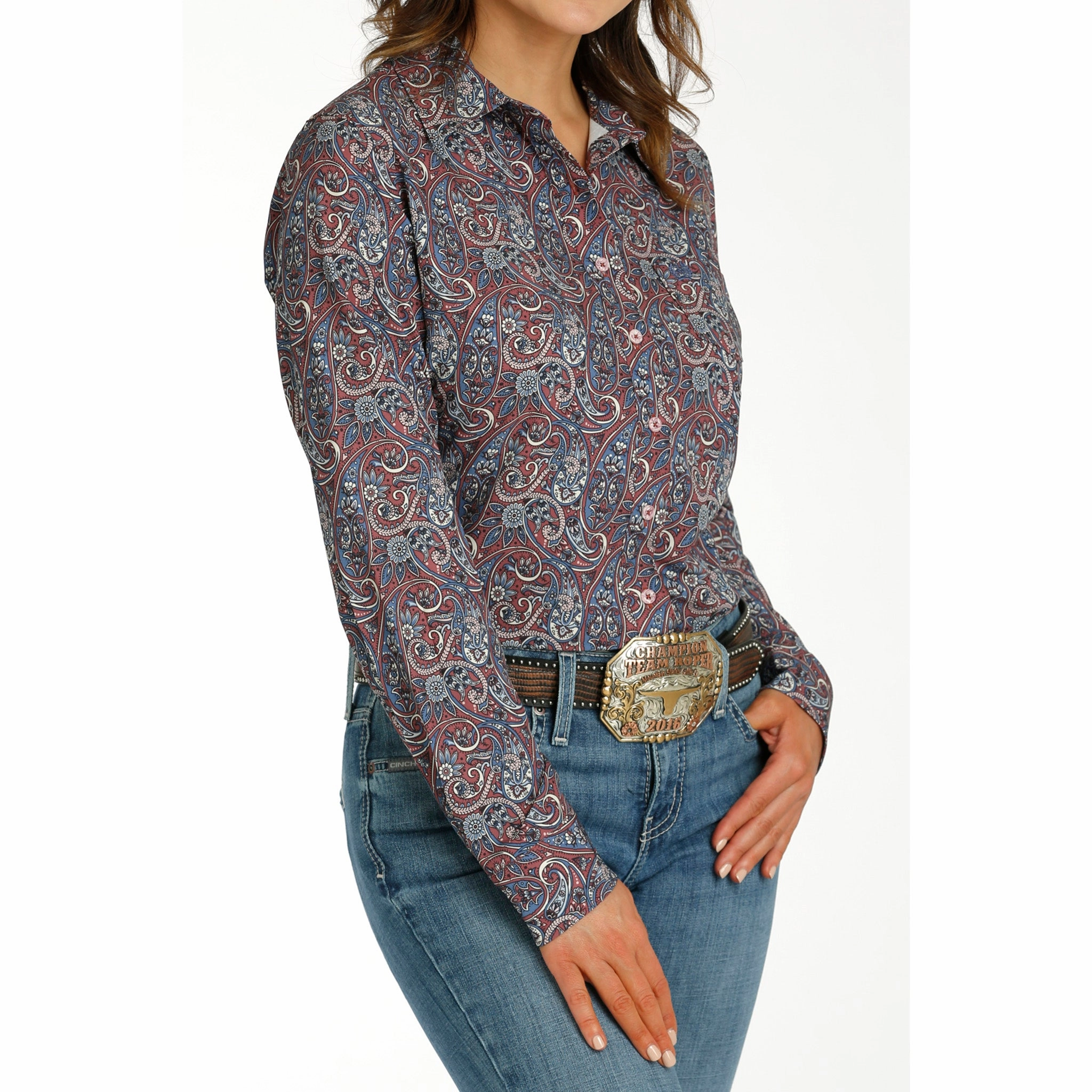 Fashionable Tank Cinch Women's Paisley Burgundy Long Sleeve