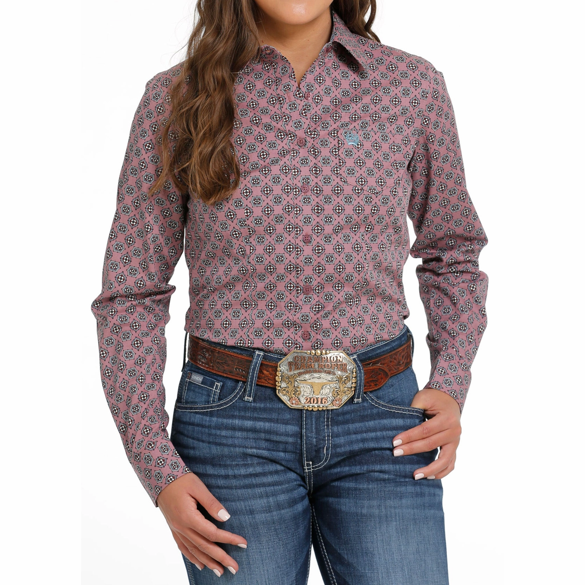 Cinch Women's Pink Print Shirt NonRestrictiveCollar