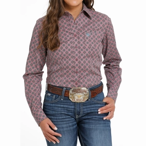 Cinch Women's Pink Print Shirt NonRestrictiveCollar