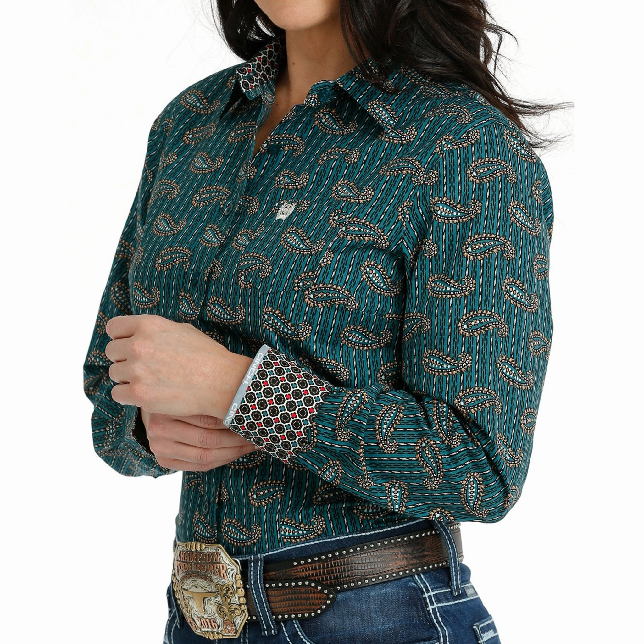 Reinforced Shoulder Panels Temperature Control Technology Cinch Women's Teal Paisley Shirt