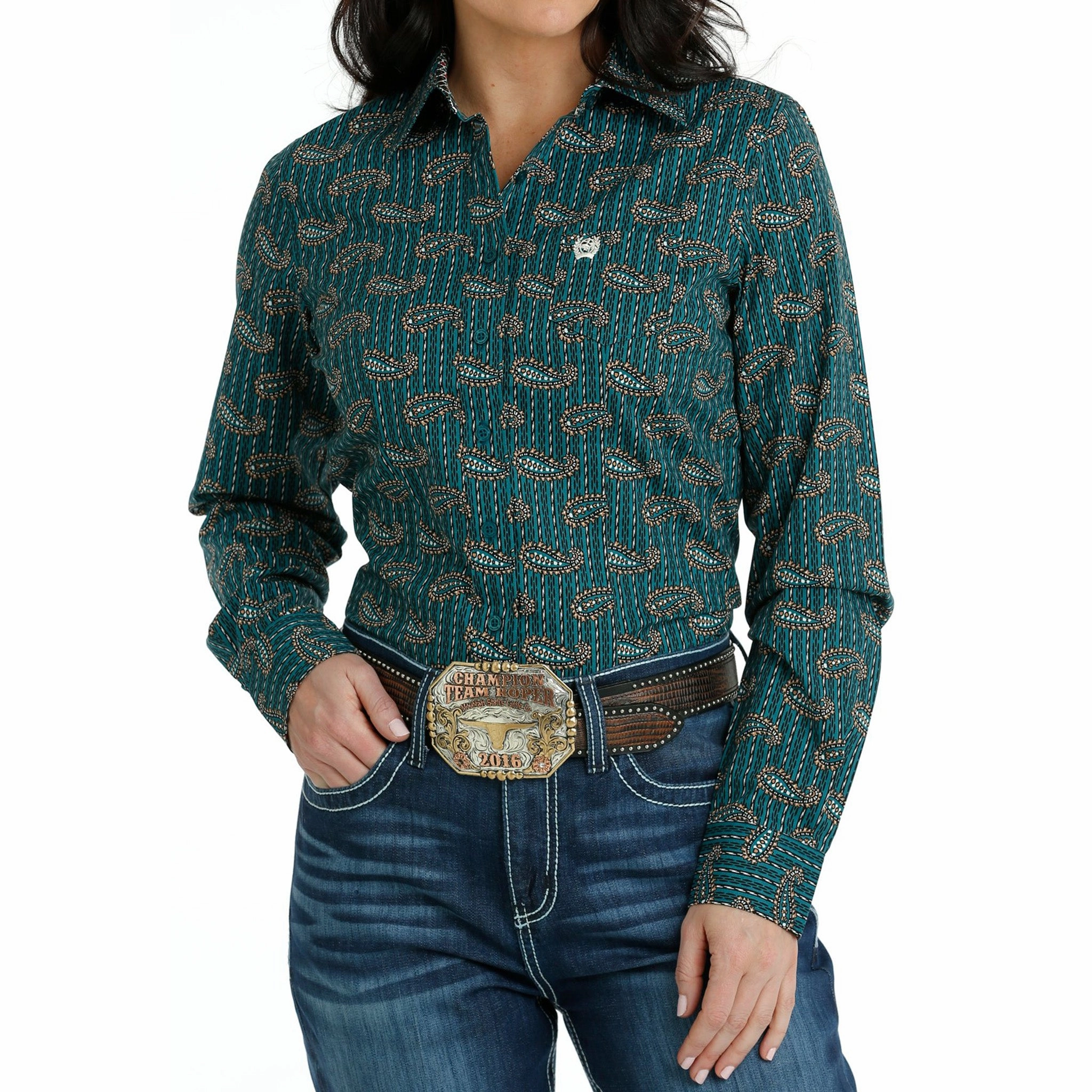 Thermal Insulation Cinch Women's Teal Paisley Shirt