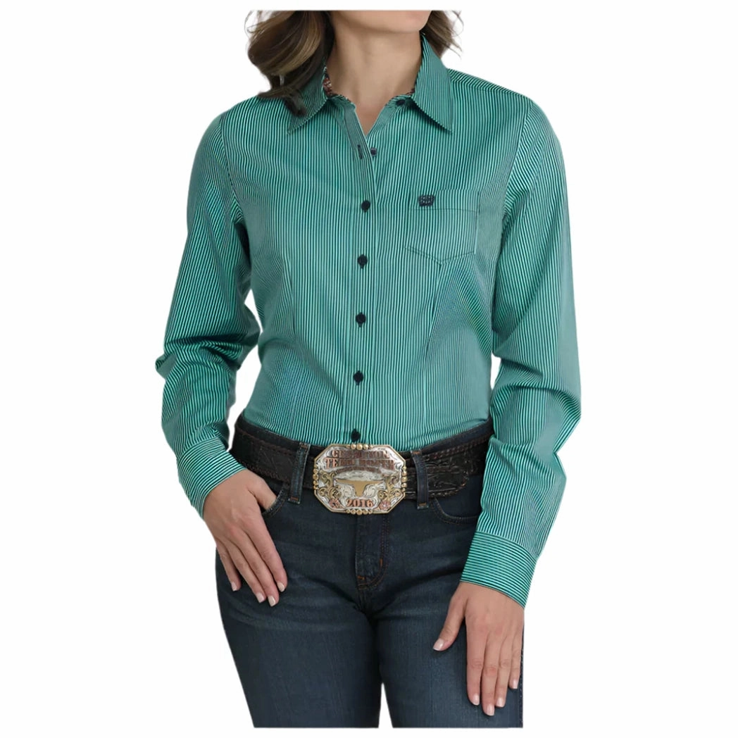 Double Chest Pocket Cinch Women's Turquoise Stripe Long Sleeve Button Down