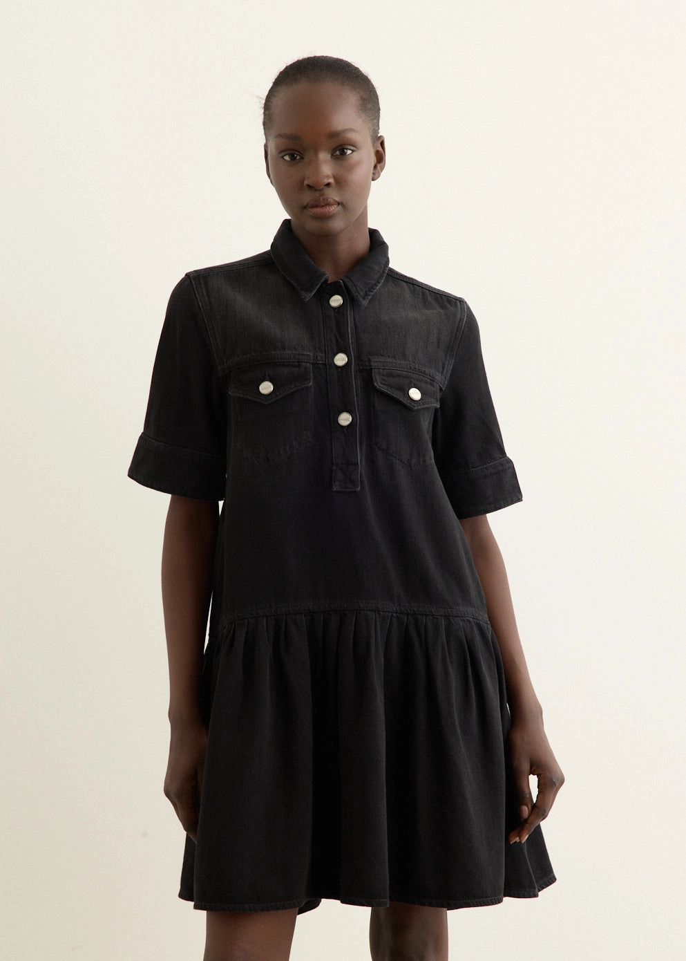 Soft Rigid Denim Mini Dress Quiet Sweet City Flow