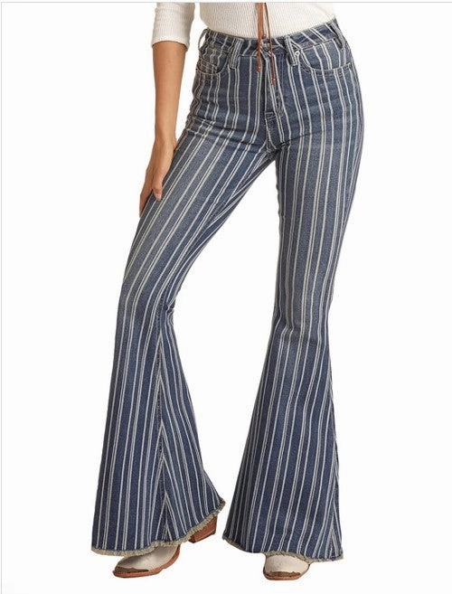 Beach Day Holiday Vibes Blue Stripe Bell Bottoms Jeans