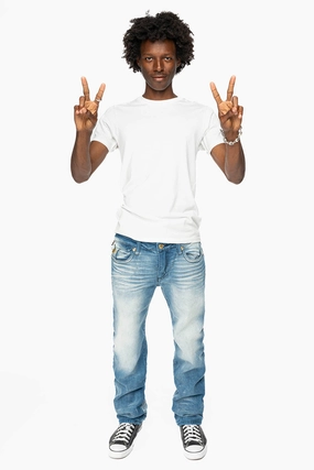 KILLER FLAP MENS STRAIGHT LEG JEAN IN  BLUE OMAHA MED WASH Travel Outfit Evening Stroll Minimalist Sustainable Denim Production