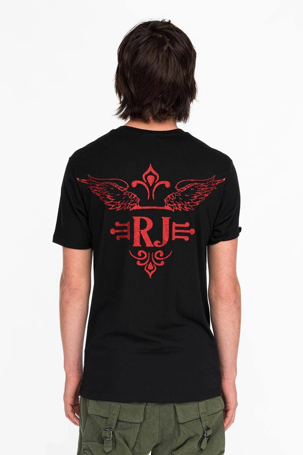 RED GLITTER FLEUR TEE WITH WINGS ON BACK IN BLACK Effortless Comfort Wear