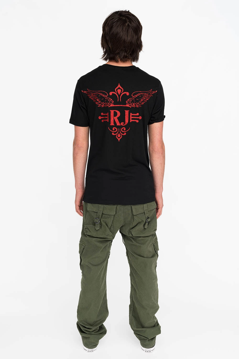 RED GLITTER FLEUR TEE WITH WINGS ON BACK IN BLACK Ruffled edges Geometric Pattern