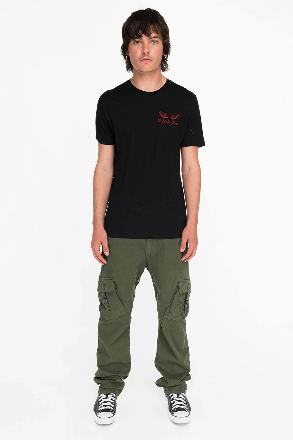 Boat neck style RED GLITTER FLEUR TEE WITH WINGS ON BACK IN BLACK