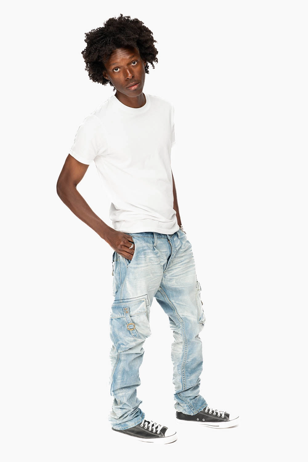 Base Style MENS PREDATOR CARGO PANTS LIMITED EDITION IN BLUE OMAHA LIGHT WASH