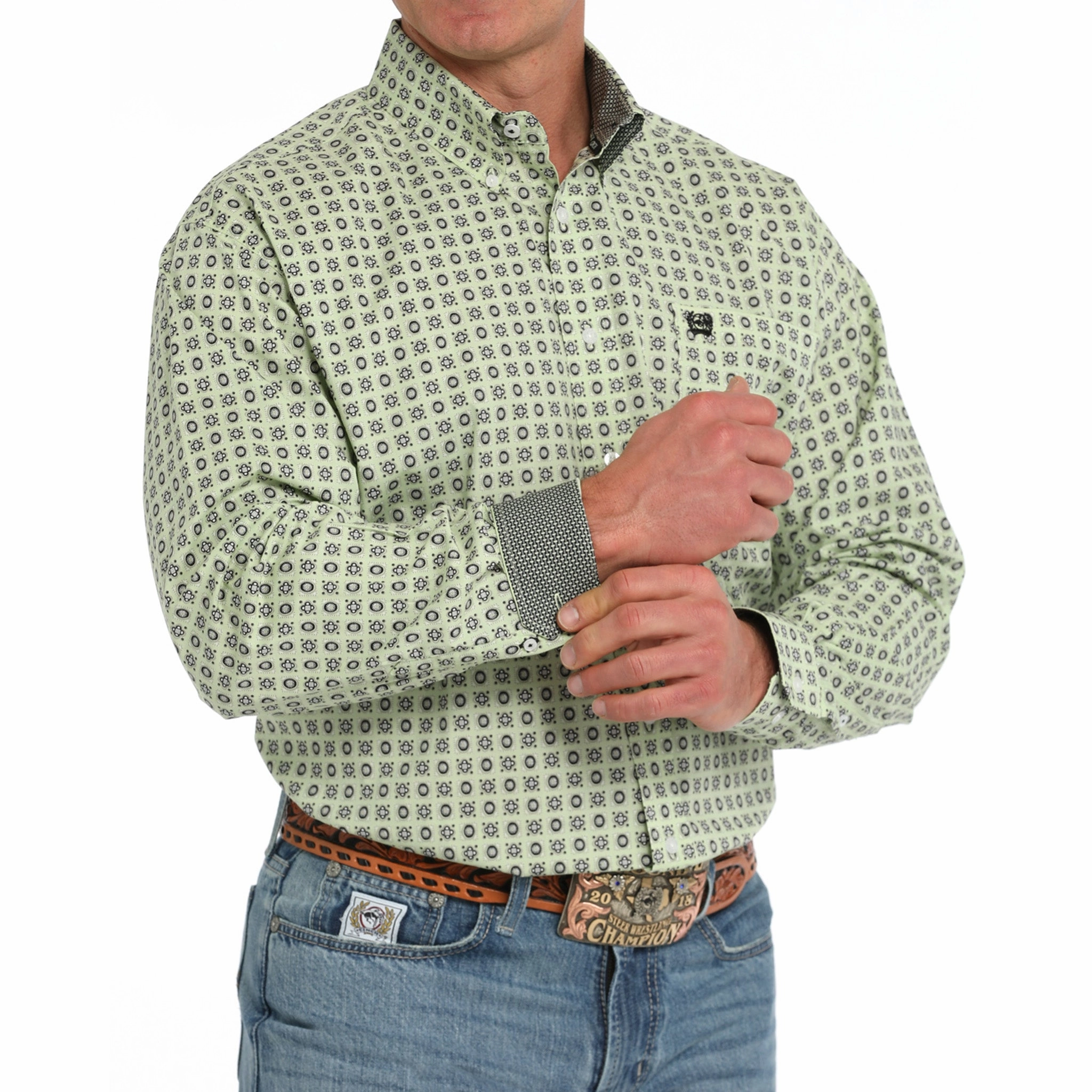 Sophisticated Style Fashionable Layer Cinch Men's Medallion Lime Green Long Sleeve