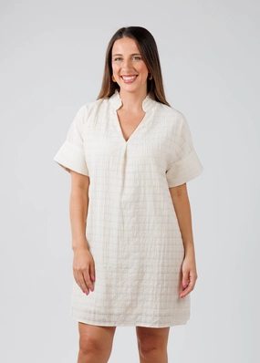 Textured Short Sleeve Dress - Cream Side Pleats