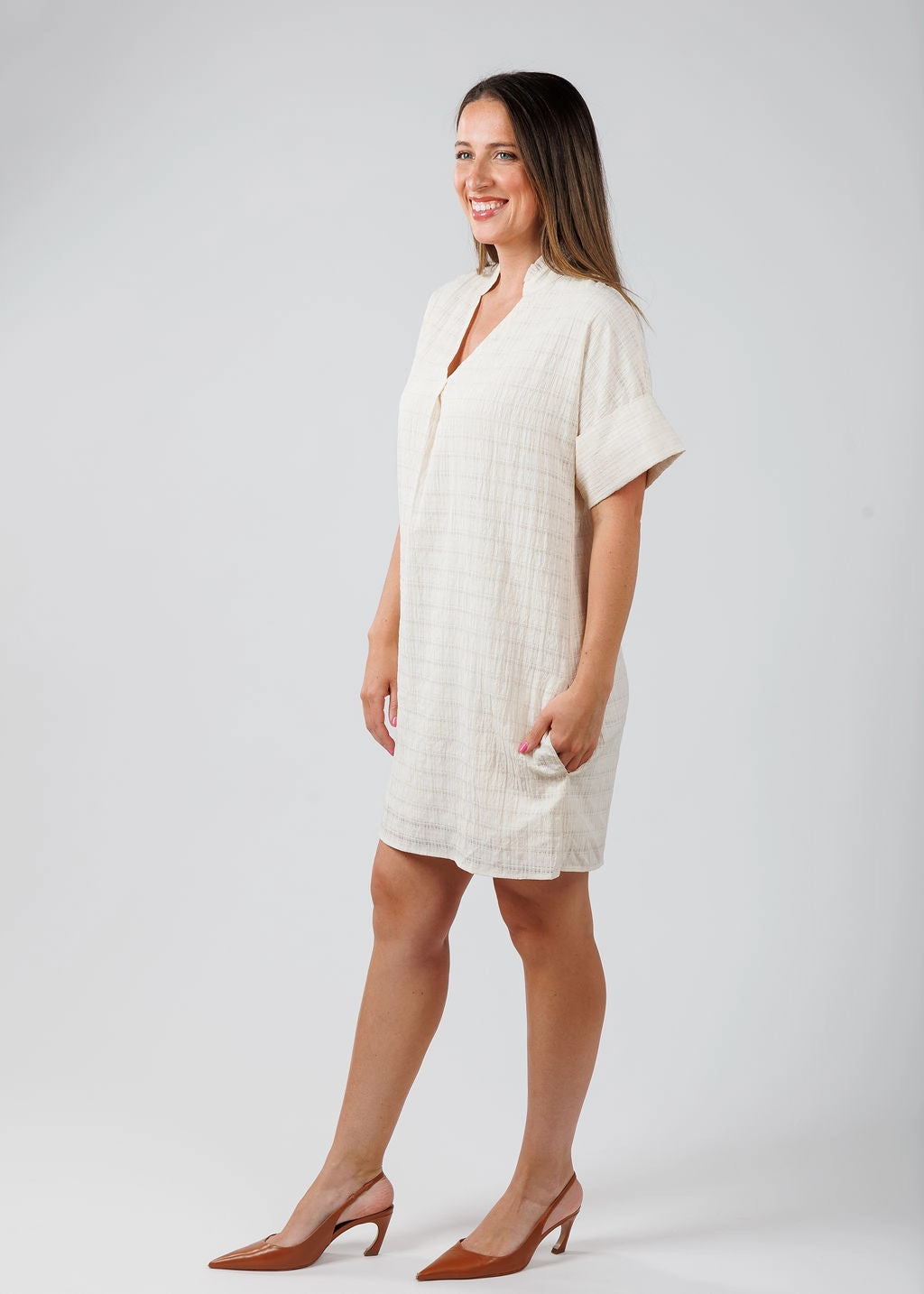 Clean Mood Textured Short Sleeve Dress - Cream
