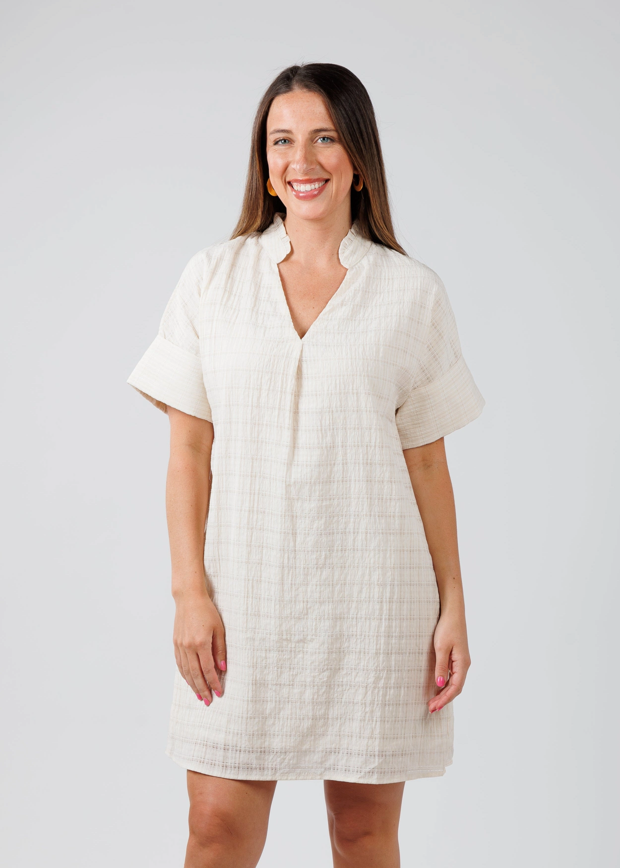 Textured Short Sleeve Dress - Cream Side Pleats