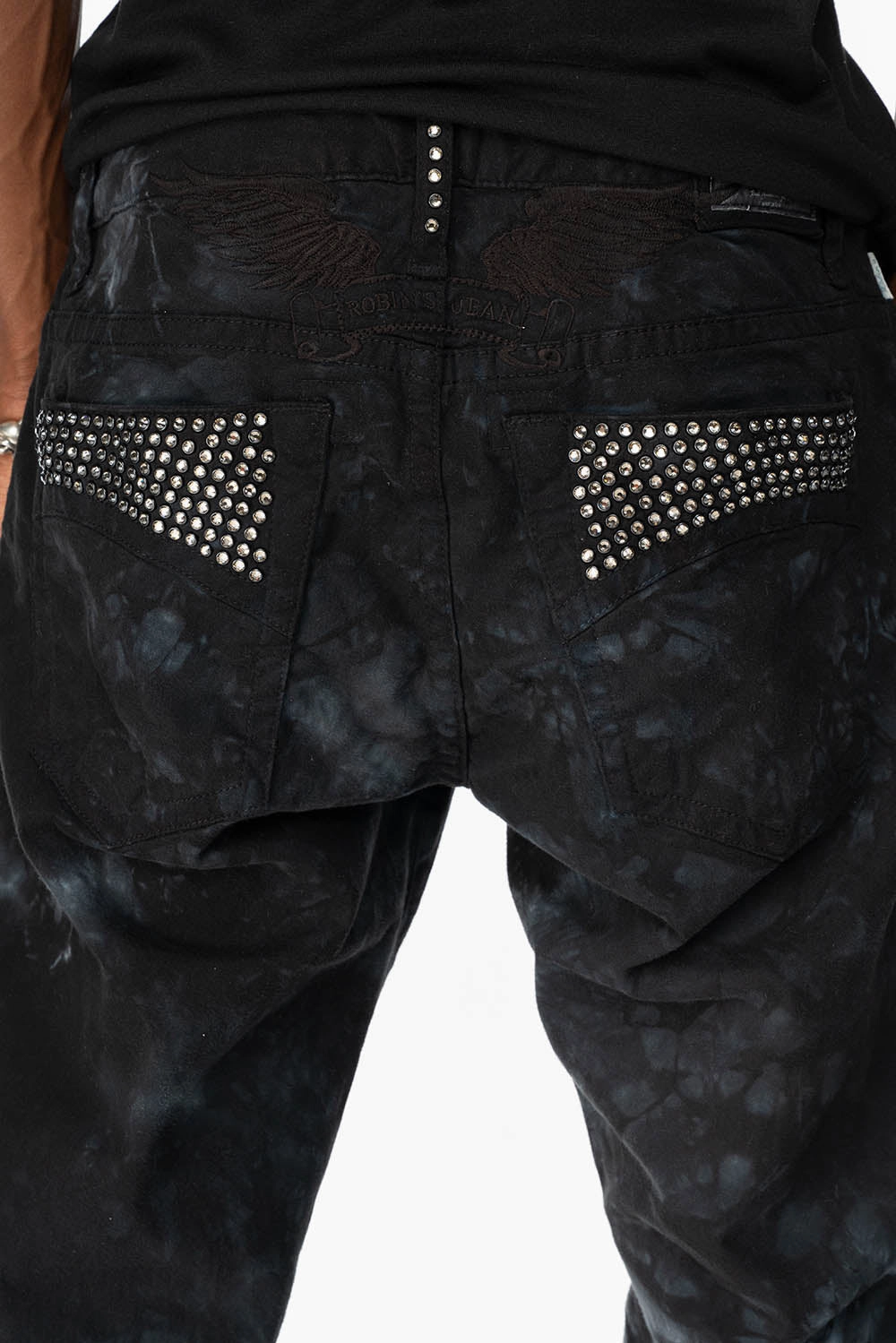 CLASSIC STRAIGHT LEG JEANS IN ASTRO BLACK WASH EMBELLISHED WITH BLK DIAMOND CRYSTALS Edgy Design Plain style