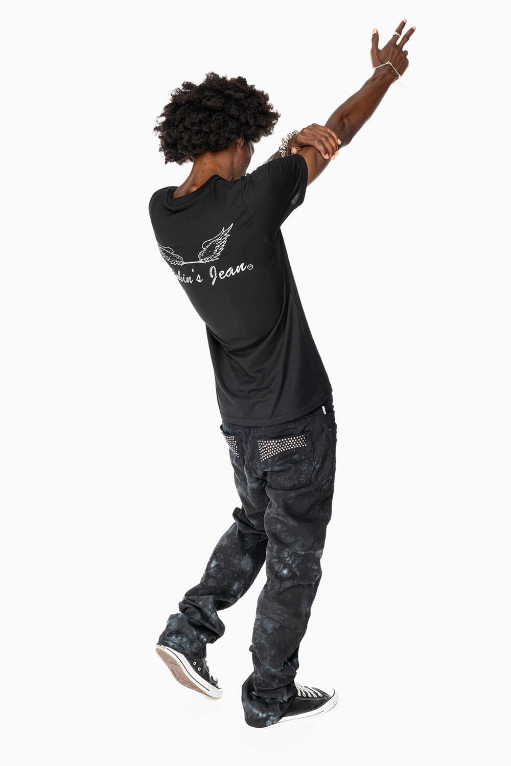 Fashion Comfort Teen Outfit Eco Friendly Travel Outfit CLASSIC STRAIGHT LEG JEANS IN ASTRO BLACK WASH EMBELLISHED WITH BLK DIAMOND CRYSTALS