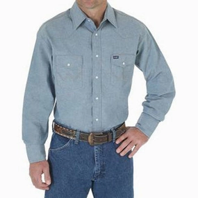 Water Repellent Finish Wrangler Men's Light Blue Denim Work Shirt