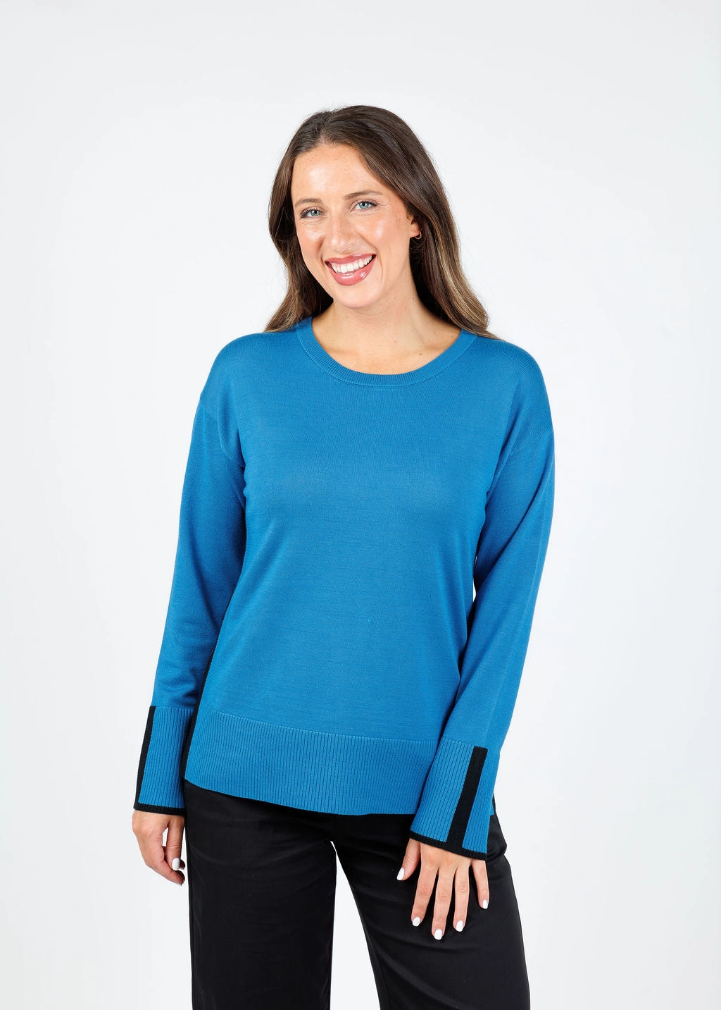 Timeless Knitwear Fashion Layers Claudia Color Block Crew Sweater - Indigo/Black