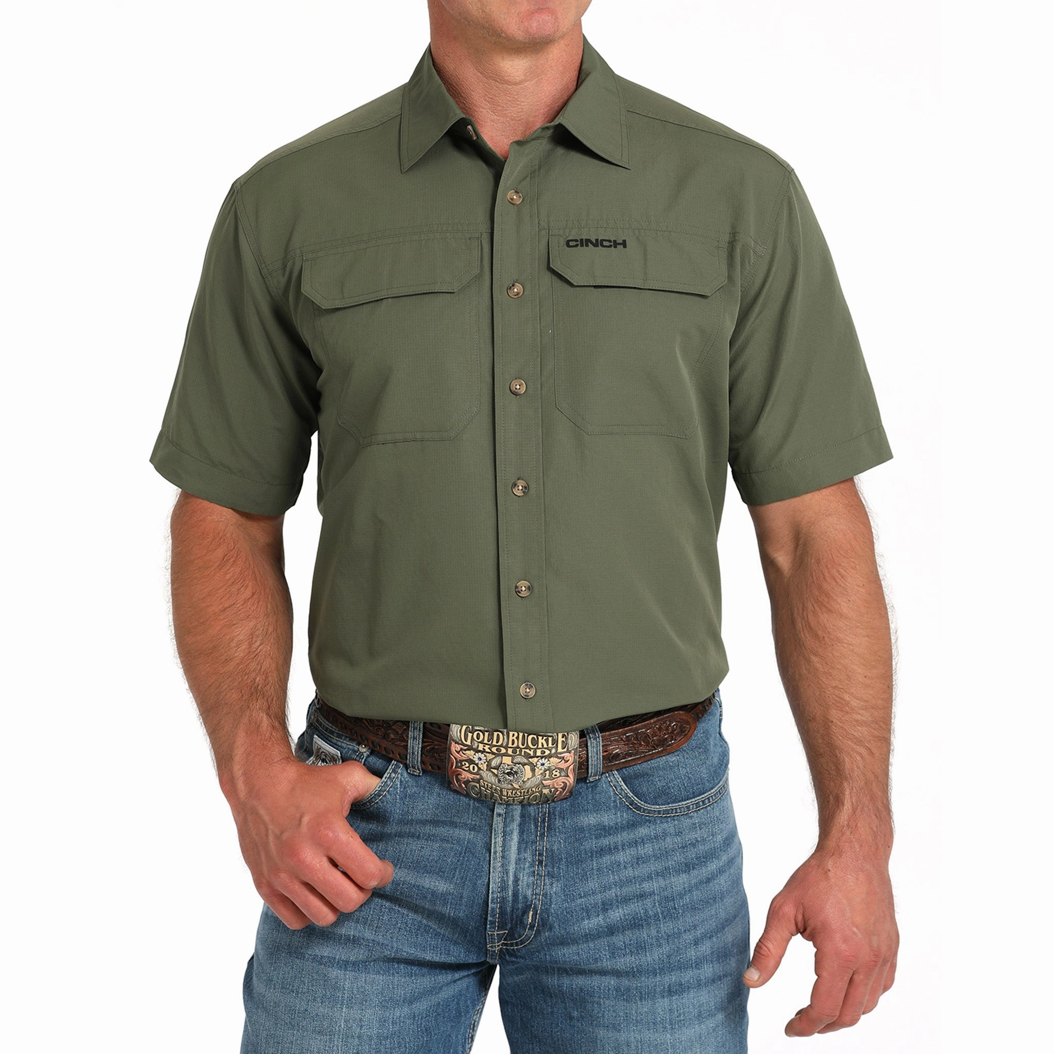 Pure Cotton On-The-Go Style Cinch Olive Green Arena Flex Short Sleeve Button Down