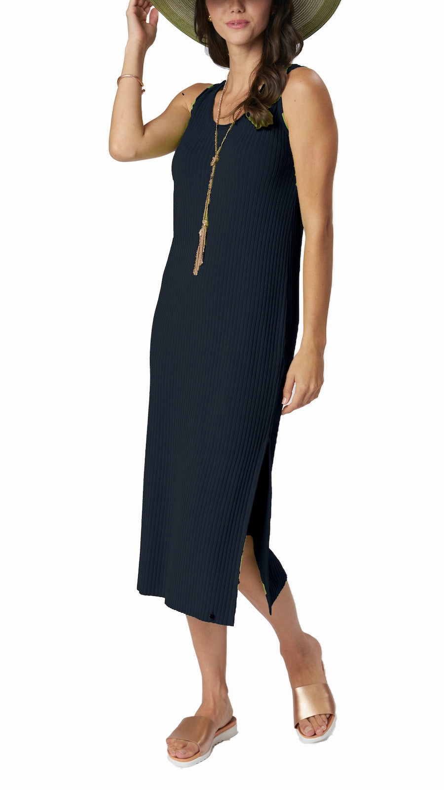 Betsy Vertical Rib Knit Sleeveless Mid-Calf Sheath Dress - Dark Navy Moment Glow