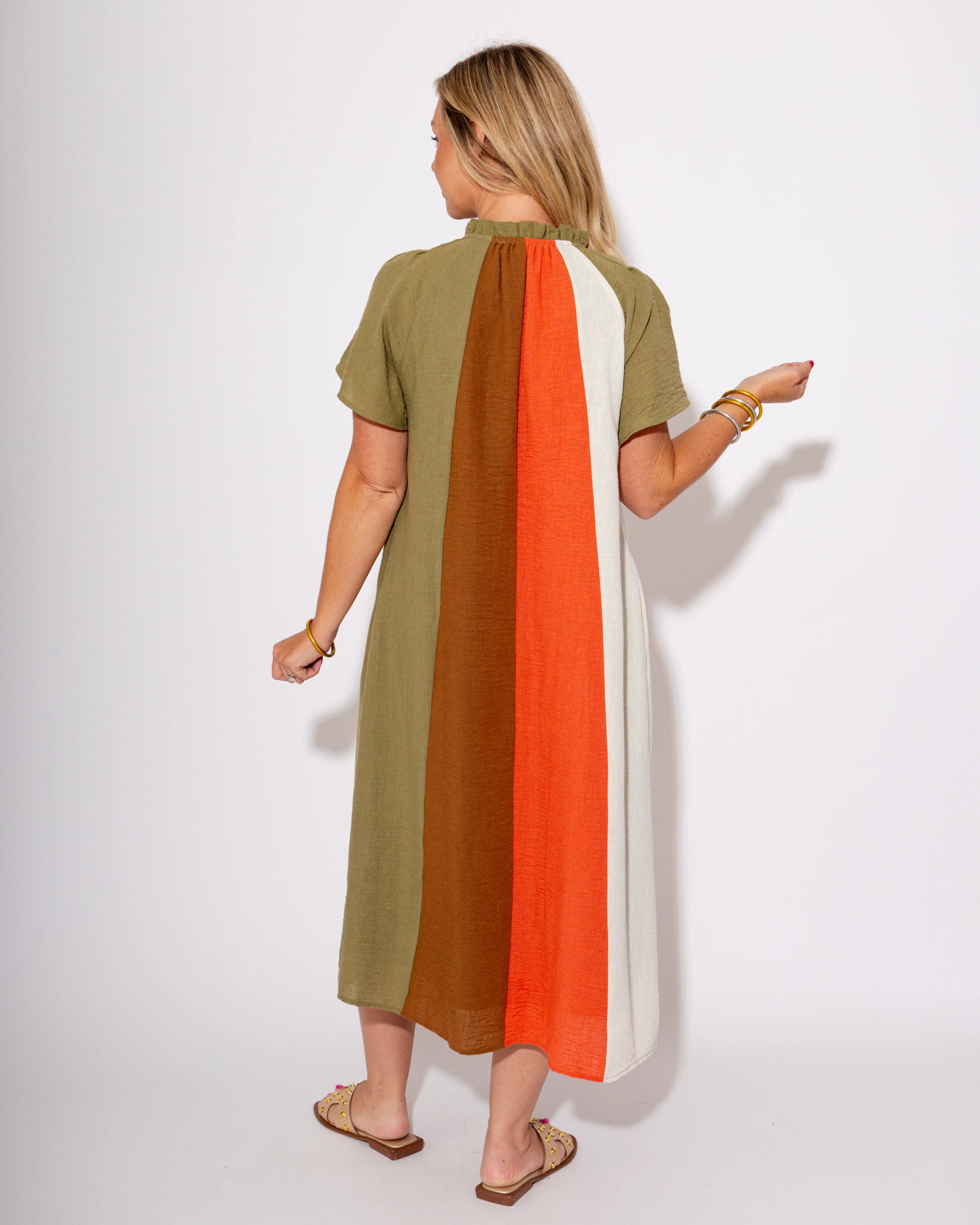 Color Block Stripes & Tie Midi Dress Texture Style AntiFrayEdging