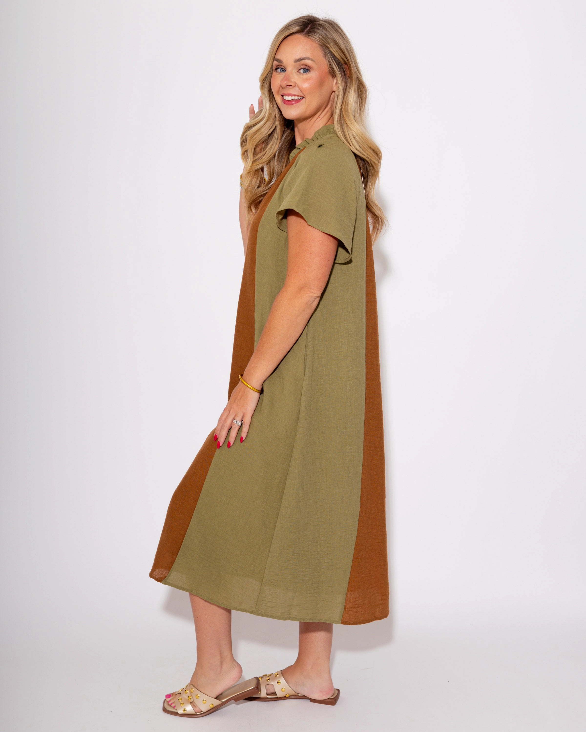 Smooth silhouette Color Block Stripes & Tie Midi Dress