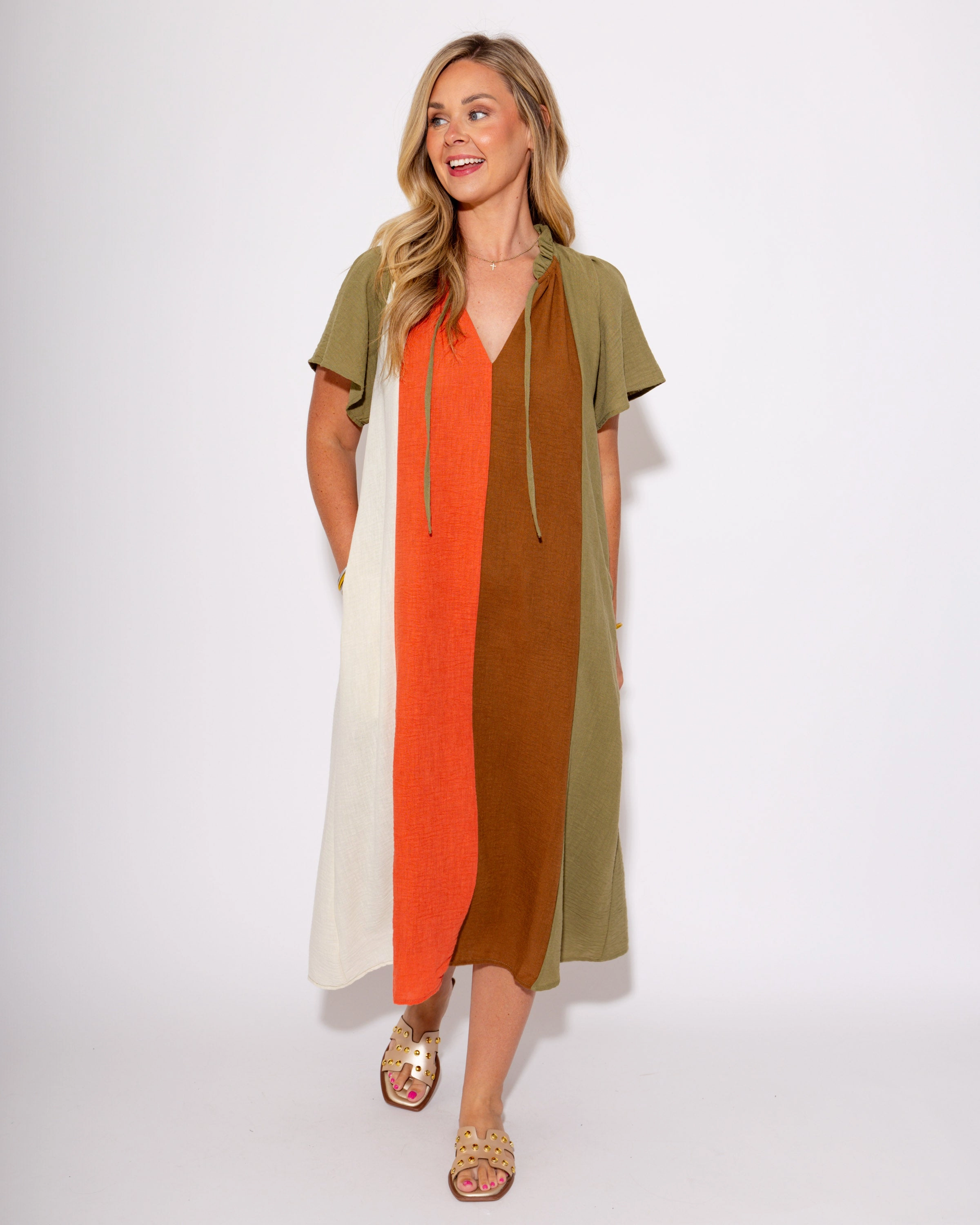 Color Block Stripes & Tie Midi Dress Soft Stitch Soft Texture