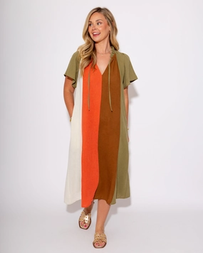 Color Block Stripes & Tie Midi Dress Soft Stitch Soft Texture