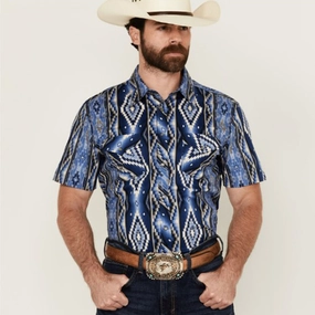 Winter Fashion All-Ages Fit Rock & Roll Men's Blue Snap Aztec Short Sleeve