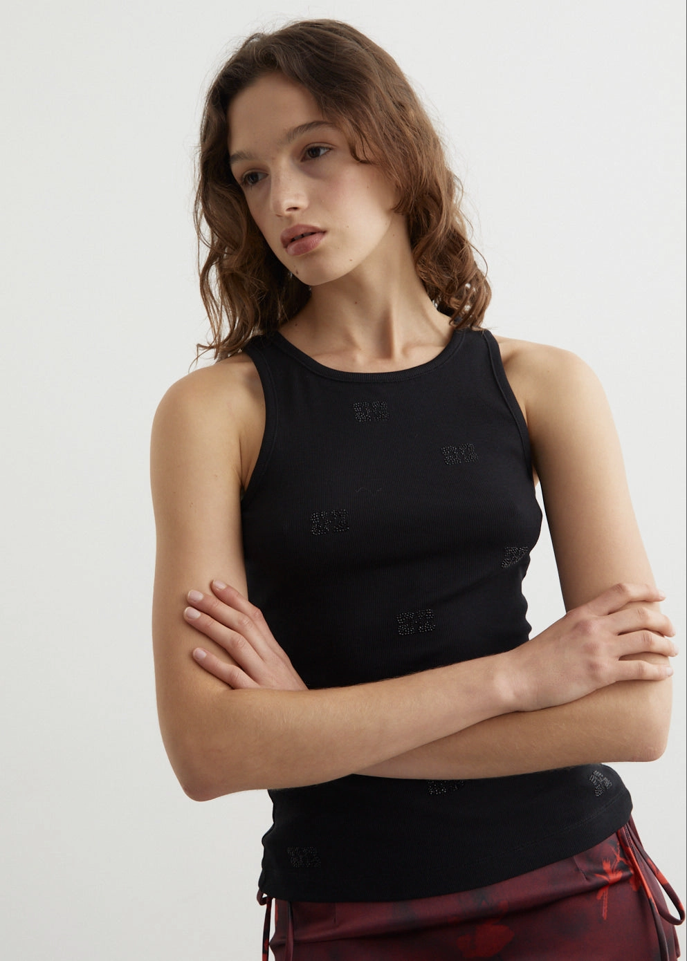 Convertible Collar System Soft Cotton Rib Rhinestone Butterfly Tank Top