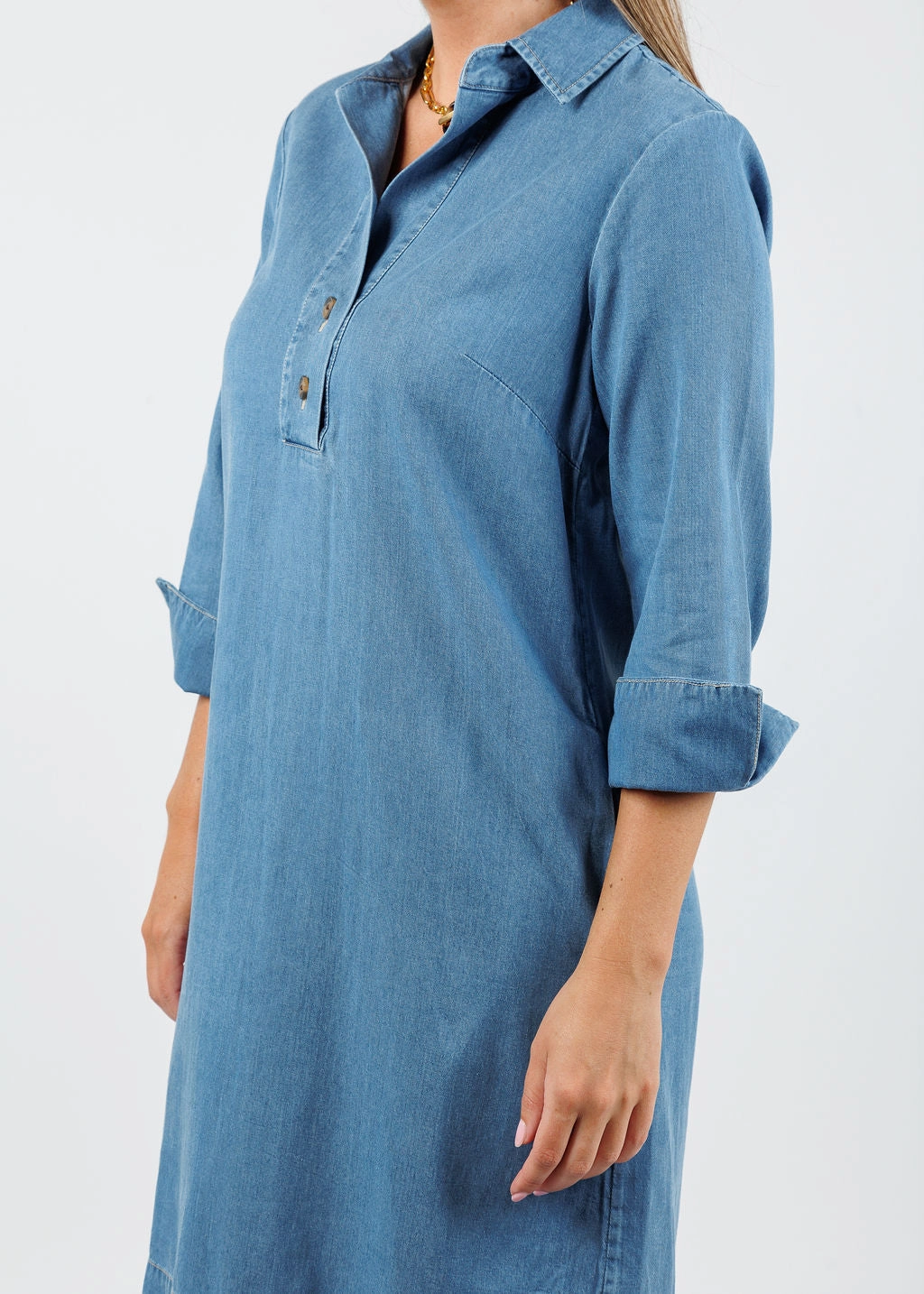 Aileen 3/4 Sleeve Denim Dress - Medium Wash Refined fit Travel Friendly