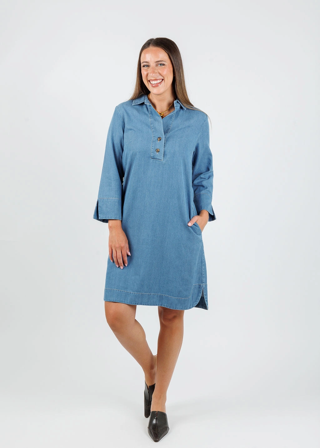 Grace Soft Aileen 3/4 Sleeve Denim Dress - Medium Wash