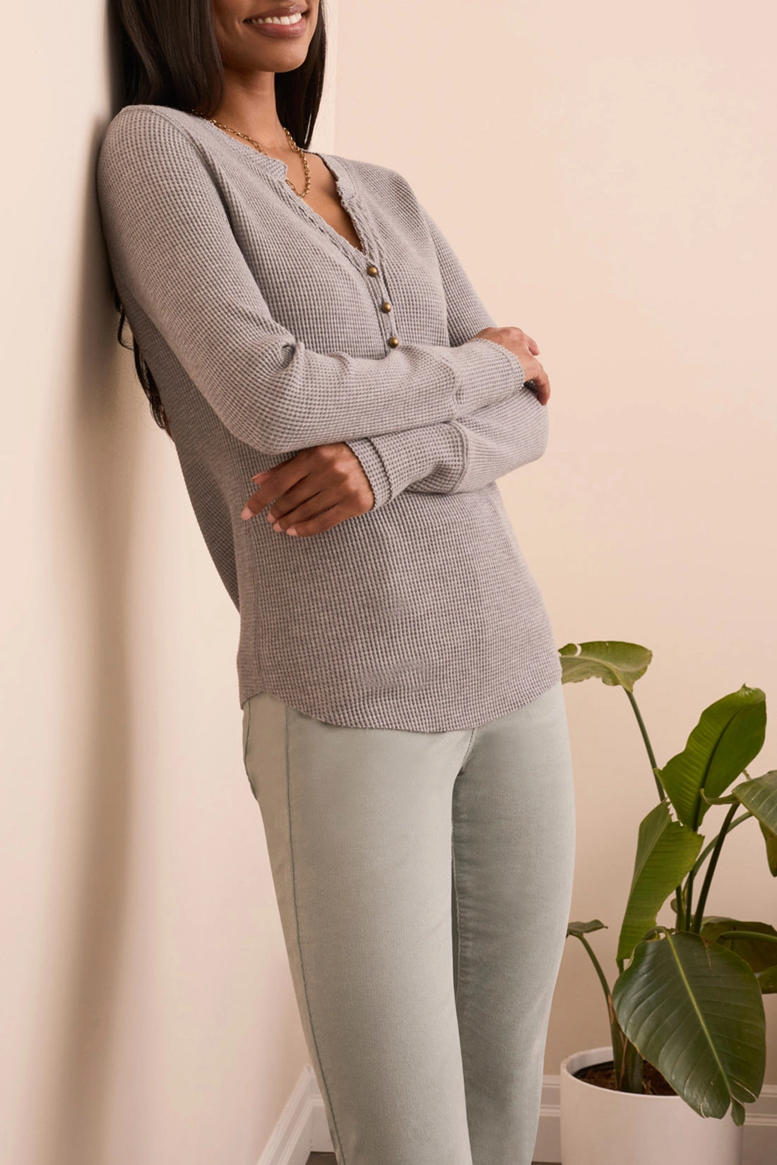 Thermal Regulating Fabric Layered Neckline Details Tribal Waffle Knit Henley- 9 Colors!