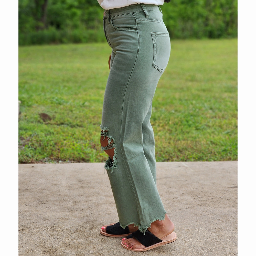 Army Green 90's Distressed Crop Jeans Pre Shrunk Fabric