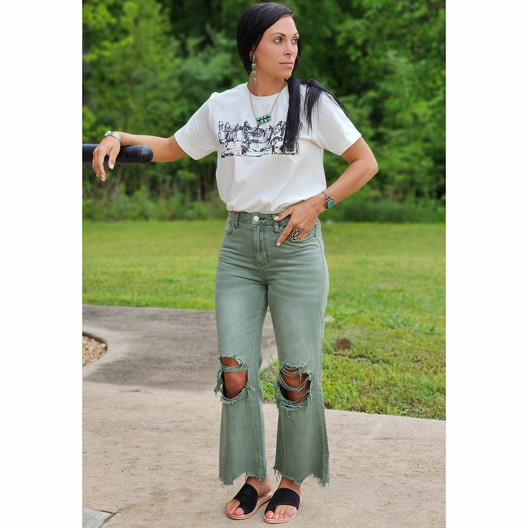 Fashion Lover Classic Wear Modern Minimalist Army Green 90's Distressed Crop Jeans