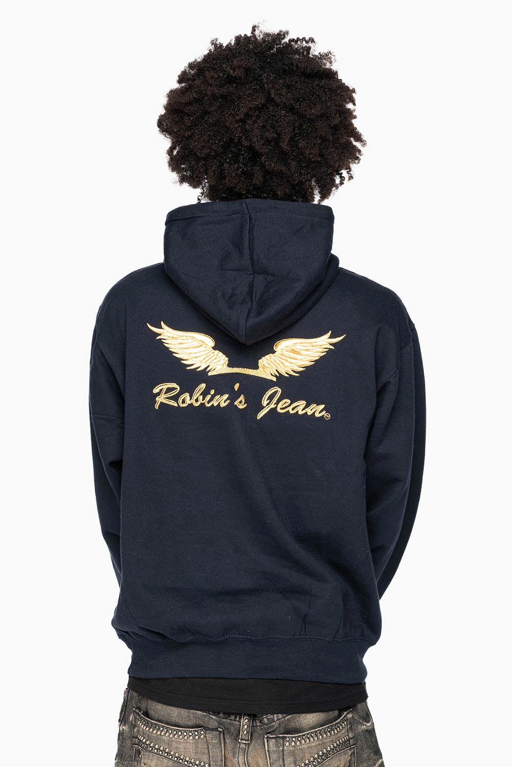 ROBIN??S JEAN PULLOVER HOODIE IN NAVY WITH GOLD WINGS EMBROIDERY Comfortable Wear