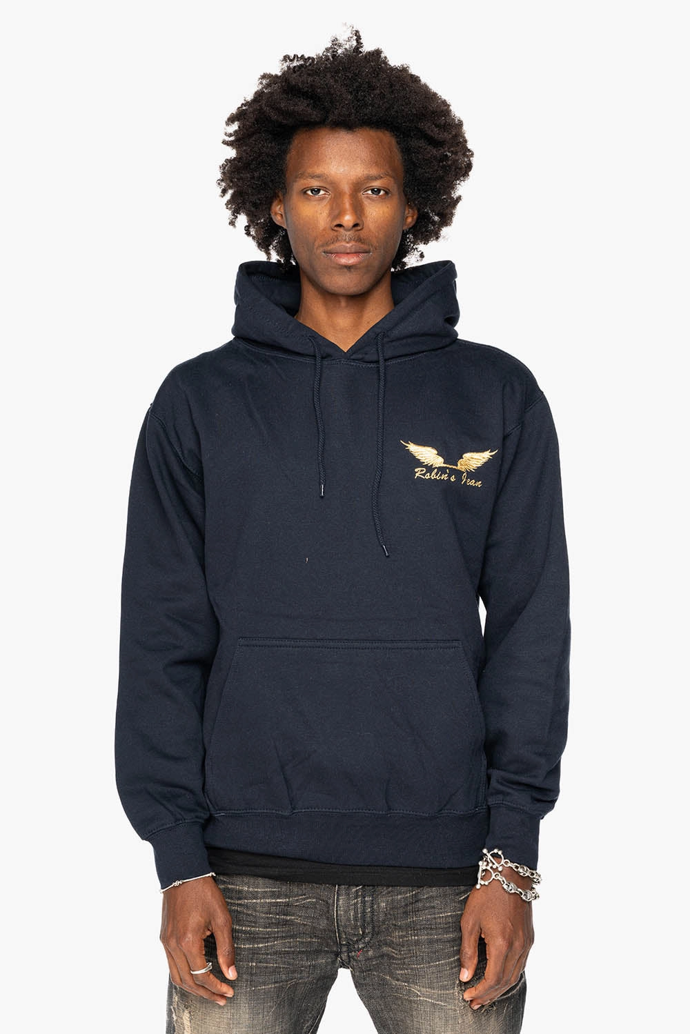 ROBIN??S JEAN PULLOVER HOODIE IN NAVY WITH GOLD WINGS EMBROIDERY Drop Shoulder Cut Soft Texture
