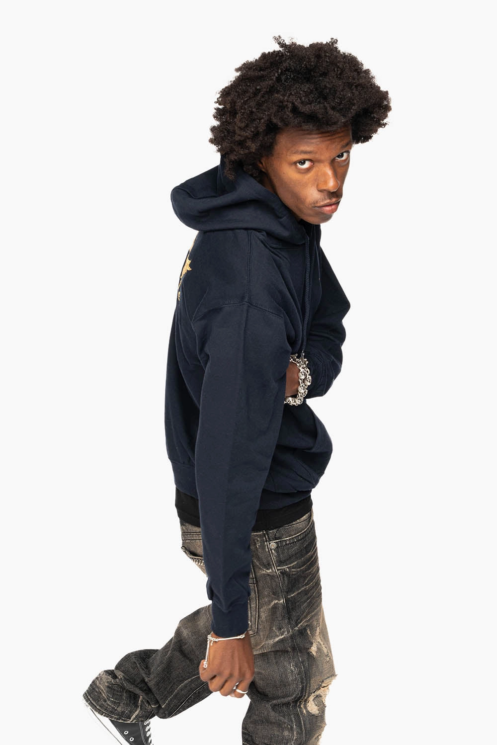 Roomy Waist All Day Wear ROBIN??S JEAN PULLOVER HOODIE IN NAVY WITH GOLD WINGS EMBROIDERY