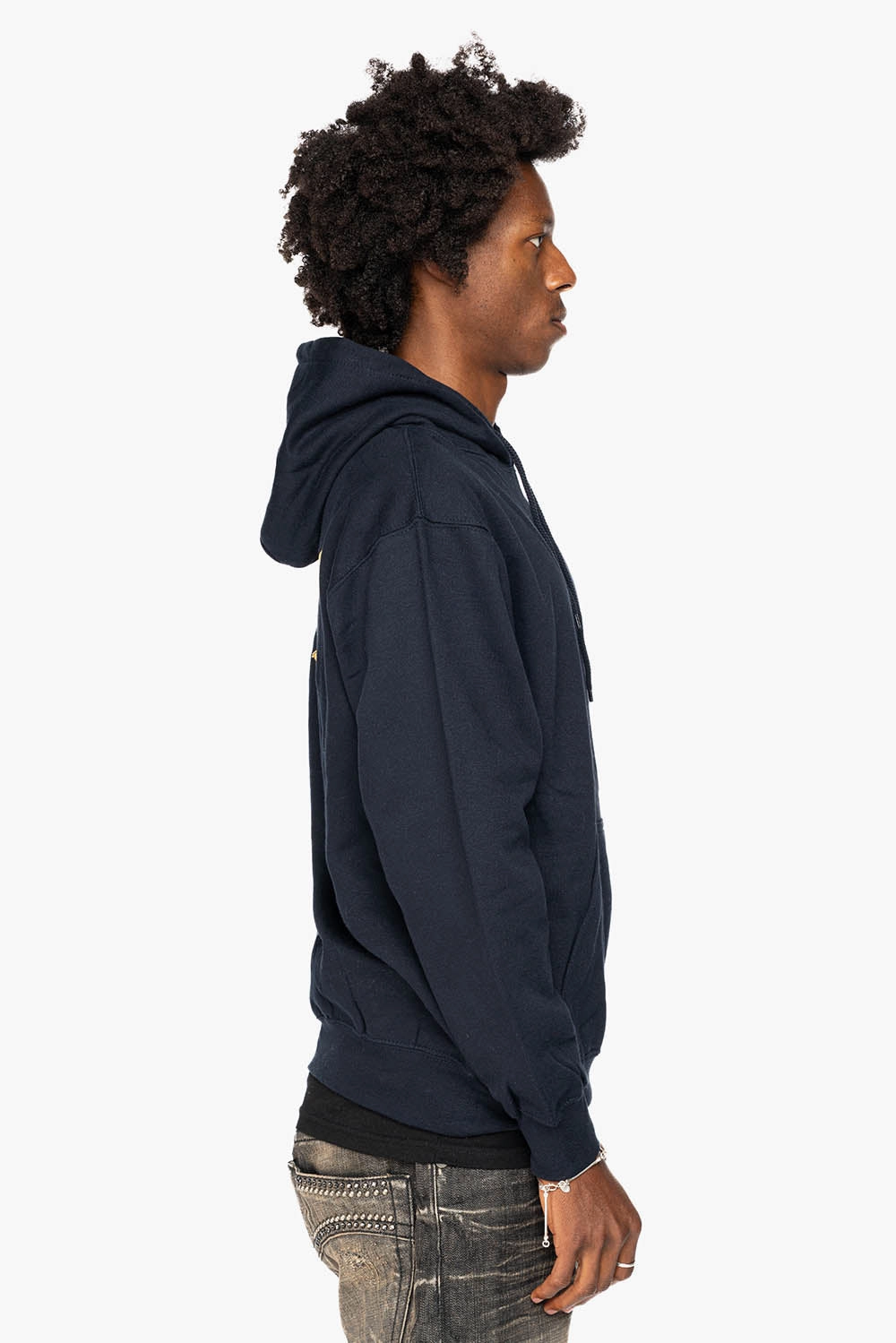 Odor Resistant Non Irritating Seams ROBIN??S JEAN PULLOVER HOODIE IN NAVY WITH GOLD WINGS EMBROIDERY