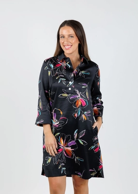 Aileen 3/4 Sleeve Tencel Satin Dress - Floral Stencil Flattering Shape Design Inner Feel