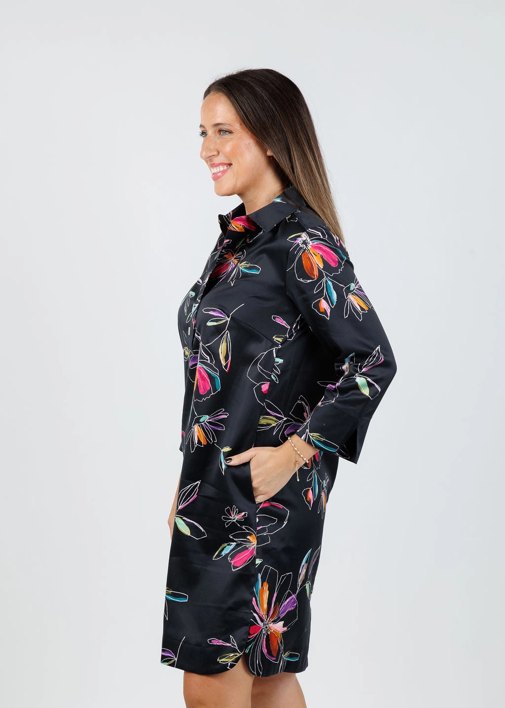 Aileen 3/4 Sleeve Tencel Satin Dress - Floral Stencil Contemporary Design