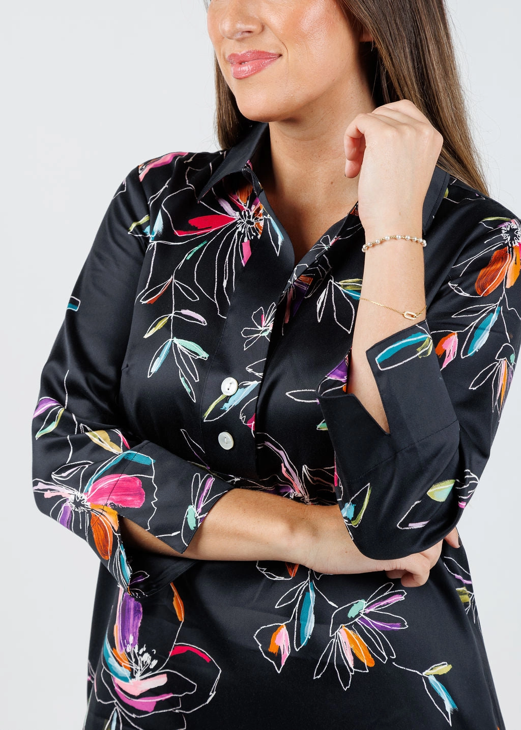 Aileen 3/4 Sleeve Tencel Satin Dress - Floral Stencil Grace Soft