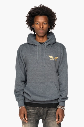 ROBIN??S JEAN PULLOVER HOODIE IN DARK HEATHER WITH GOLD WINGS EMBROIDERY Soft and Cozy Knit