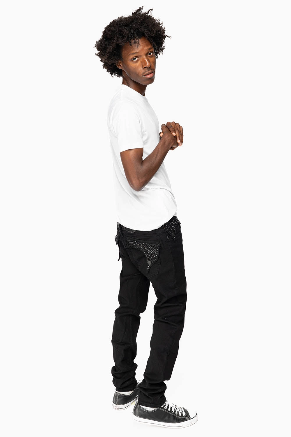 KILLER FLAP MENS SKINNY JEANS IN PURE BLACK   FULLY EMBELLISHED JET BLK CRYSTALS Trend Design