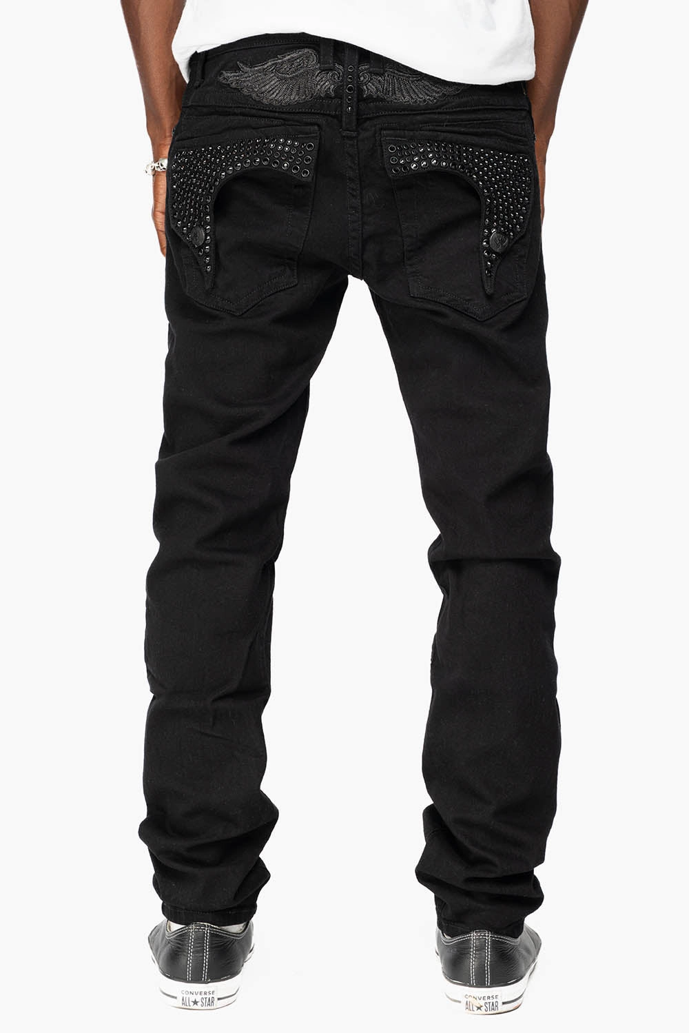 Night Out Bold Look KILLER FLAP MENS SKINNY JEANS IN PURE BLACK   FULLY EMBELLISHED JET BLK CRYSTALS