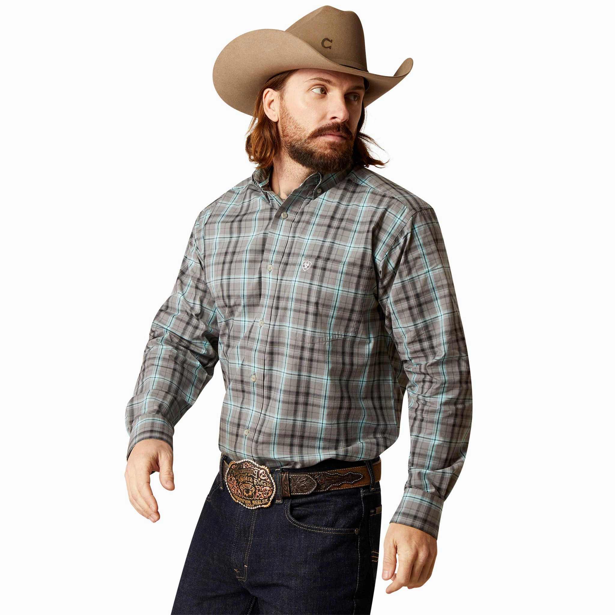 Ariat Men's Pro Stryker Steel Blue Striped Shirt Ergonomic Sleeve Cut Floral Motif