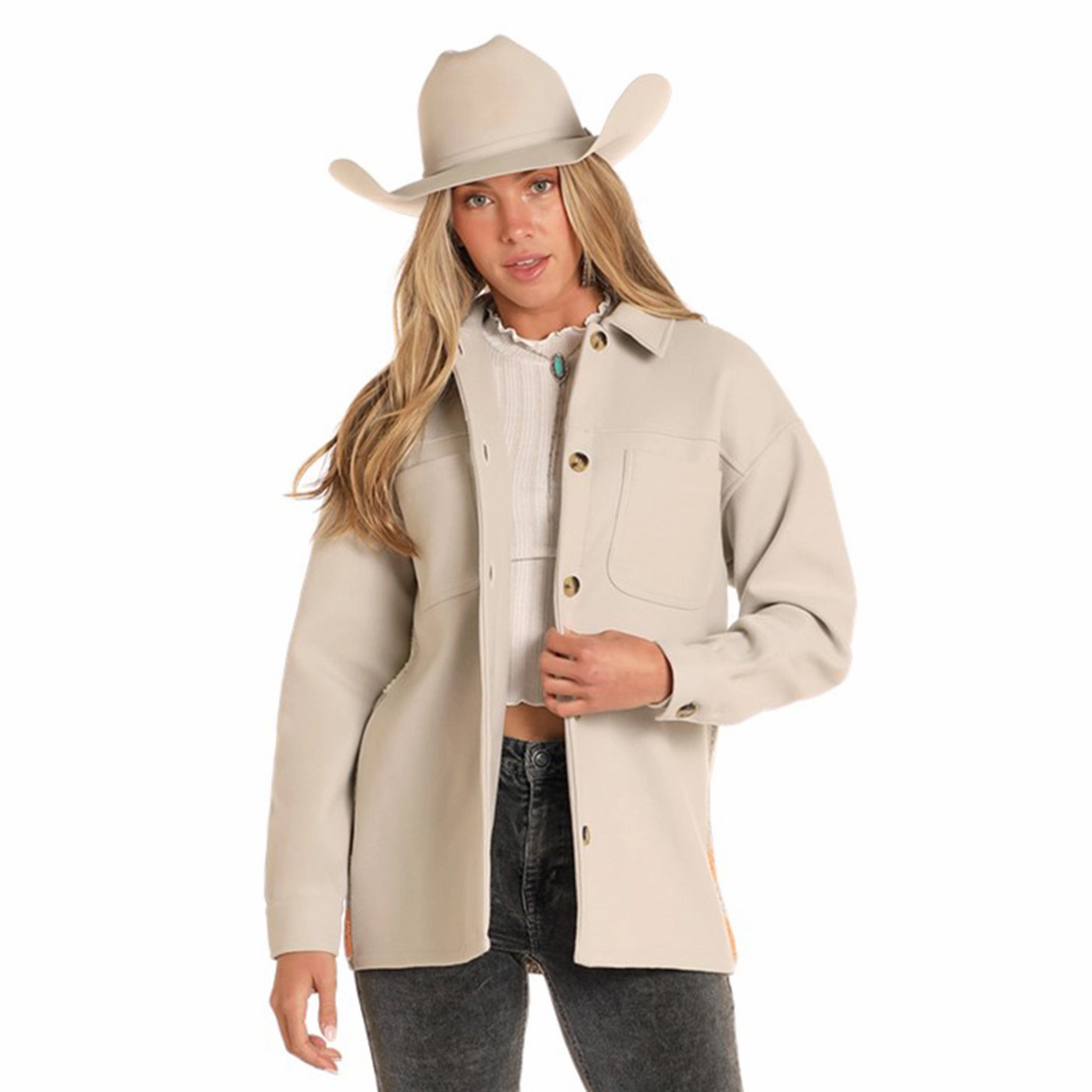 Water Resistant Shell Rock & Roll Denim Women's Lite Grey Aztec Shacket