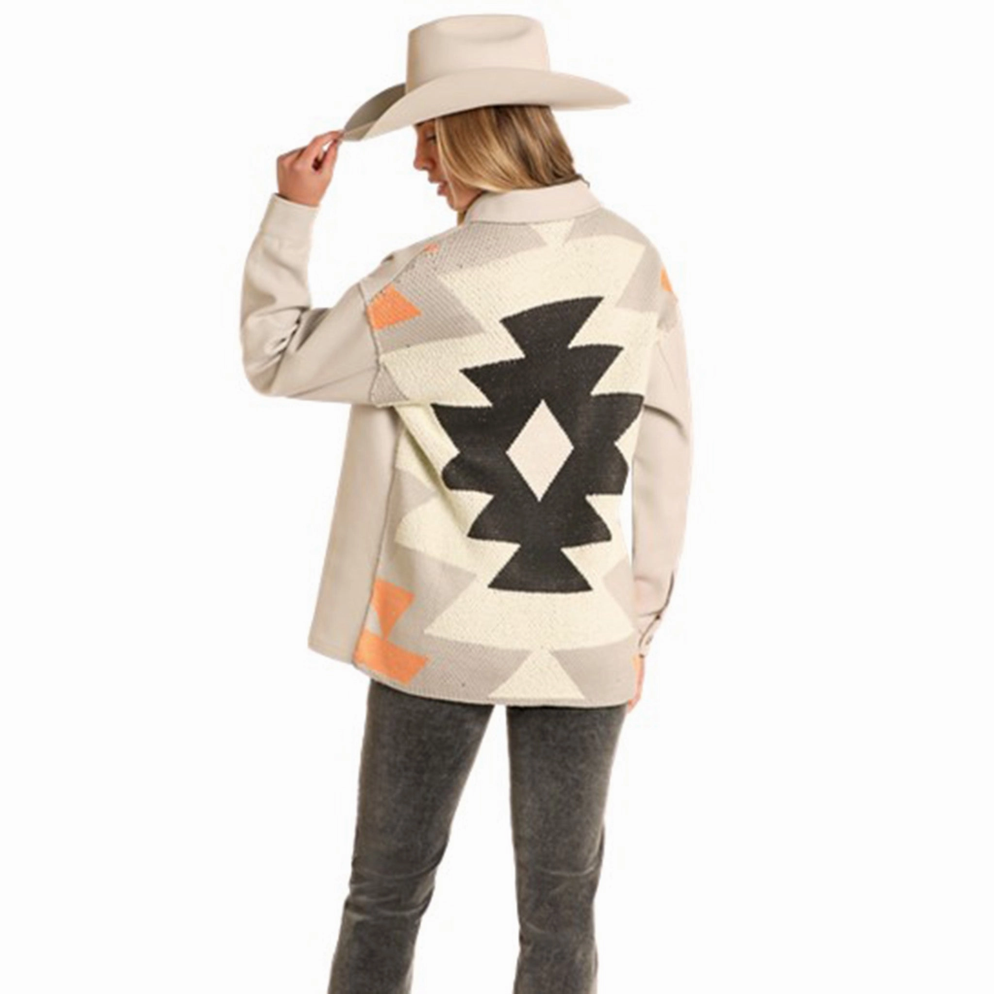 Soft Fleece Interior Rock & Roll Denim Women's Lite Grey Aztec Shacket
