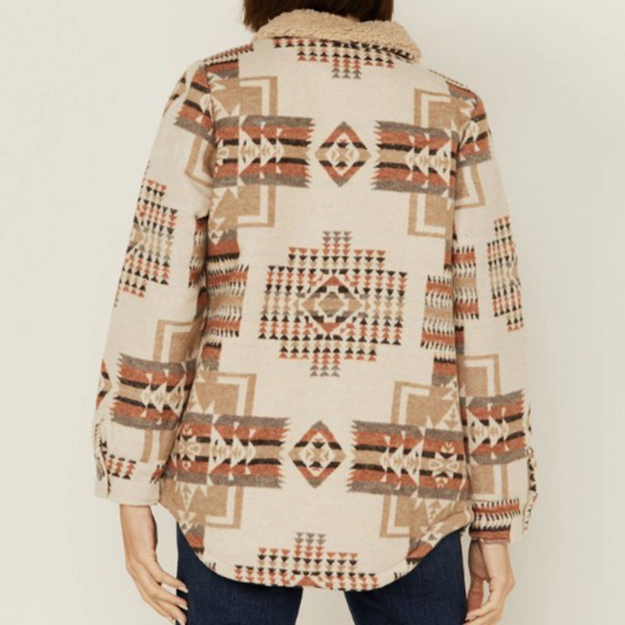 BondedSeams Sustainable Recycled Material Cotton & Rye Women's Ivory Aztec Sherpa Jacket