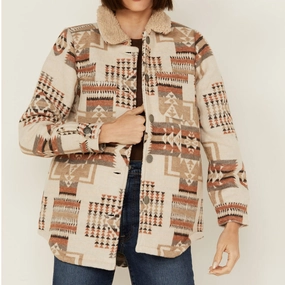 Soft touch finish Low Profile Collar Design Cotton & Rye Women's Ivory Aztec Sherpa Jacket